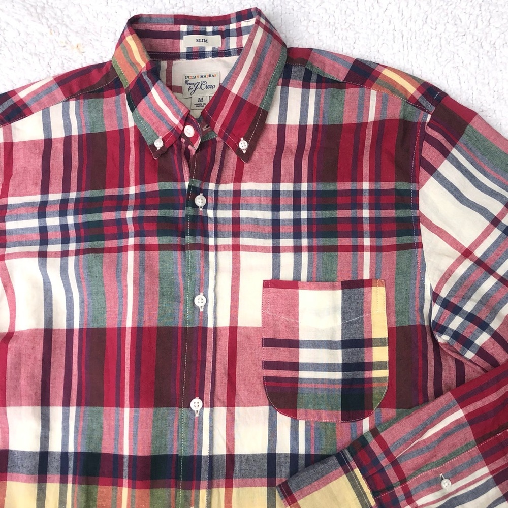J. Crew shirt button down madras plaid red long sleeve men’s medium slim fit
